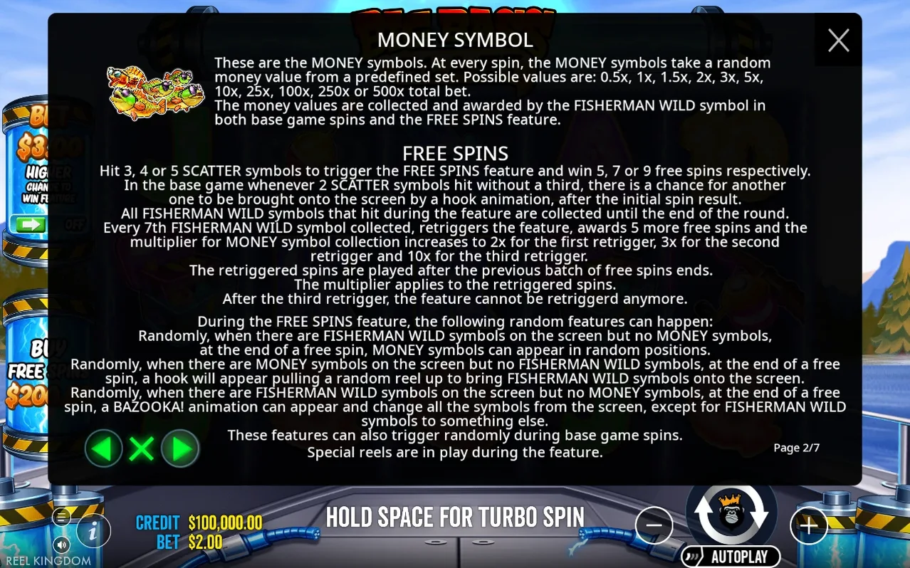 Game Rules page 2/7 details the Money symbol value set and the Free Spins trigger and retrigger rules text.