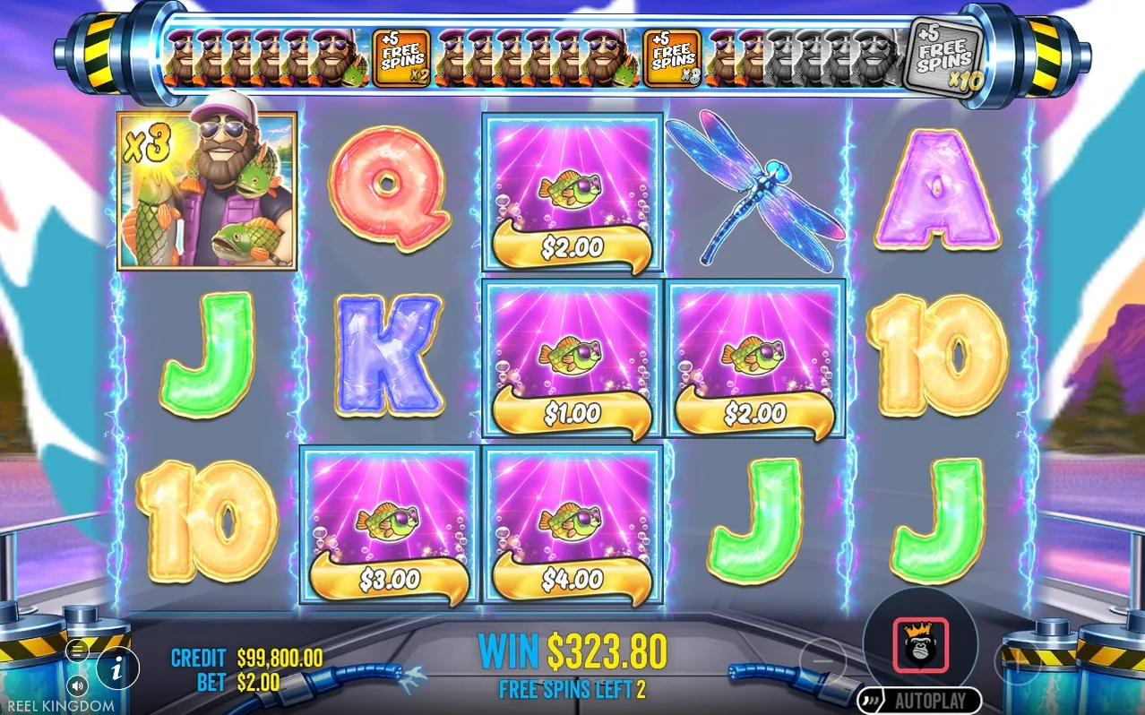 Fisherman Wild x3 collects Money tiles $2.00, $1.00, $2.00, $3.00 and $4.00 for a $323.80 win, Free Spins Left 2.