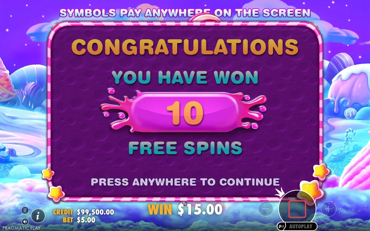 Congratulations popup confirms 10 free spins won, footer shows WIN $15.00 at bet $5.00