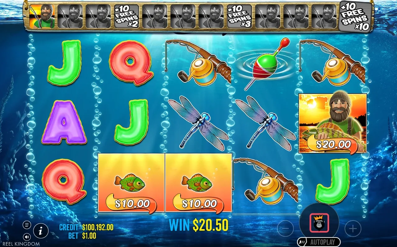 Free Spins reels show retrigger tracker at top, fisherman WILD collecting $20.00, two $10.00 fish, WIN $20.50