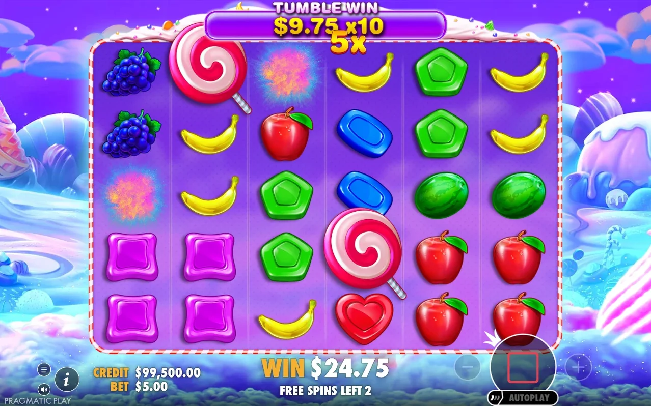Free spins cascade shows TUMBLE WIN $9.75 x10 with a 5x multiplier badge, WIN $24.75, 2 spins left