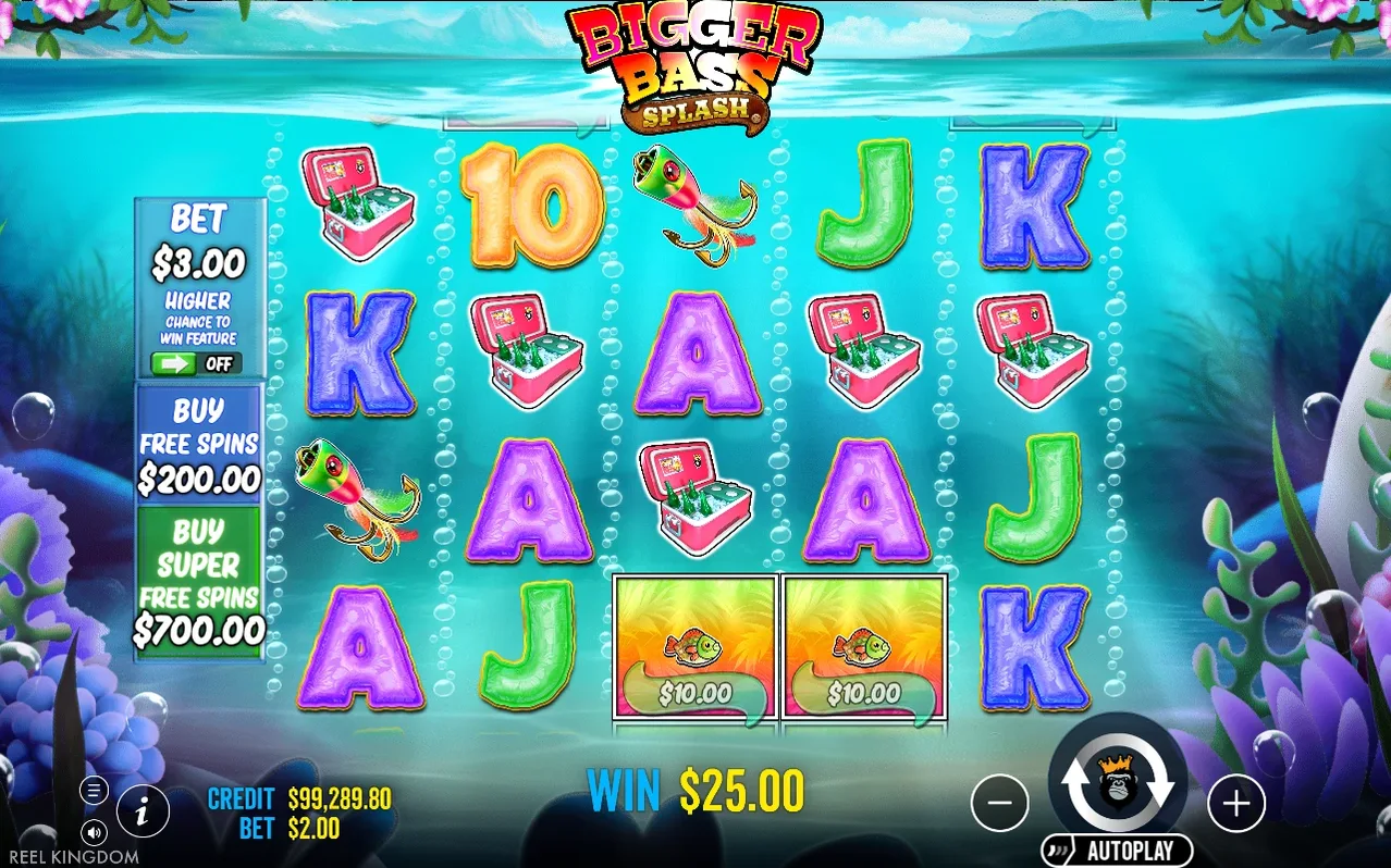 Base game grid of letters, cooler and lure symbols beside two $10.00 fish tiles and a $25.00 win.