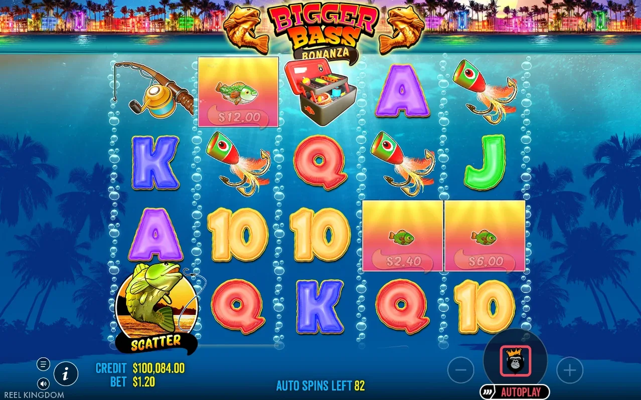 Mid-autoplay spin shows a scatter medallion, tackle box, and fish tags worth $12.00, $2.40, and $6.00, 82 spins left.