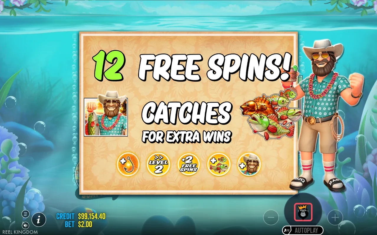 Super Free Spins trigger screen announces 12 free spins with the fisherman WILD and five modifier icons.