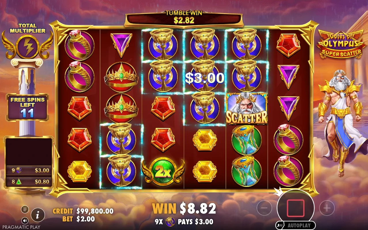 Free Spins tumble shows Scatter and 2x orb symbols, a 9x multiplier paying $3.00, total win $8.82, 11 spins left.