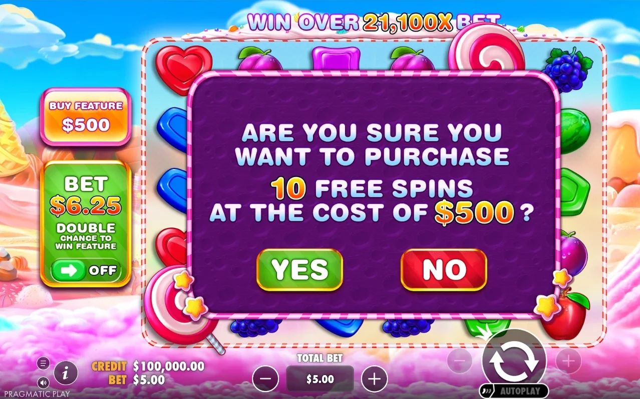 Purchase confirmation dialog asks to buy 10 free spins for $500, with green YES and red NO buttons