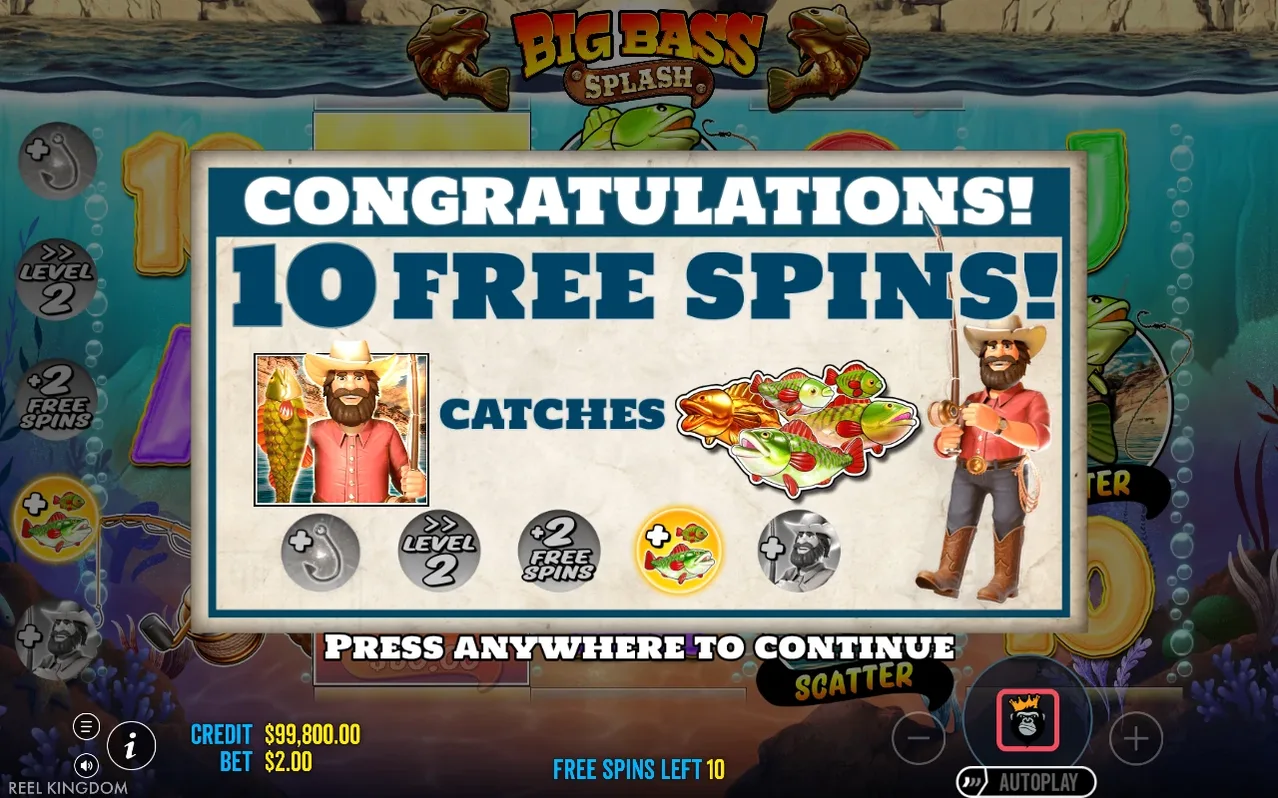 Congratulations popup shows 10 Free Spins won, fisherman with fish, Catches label, modifier icons shown
