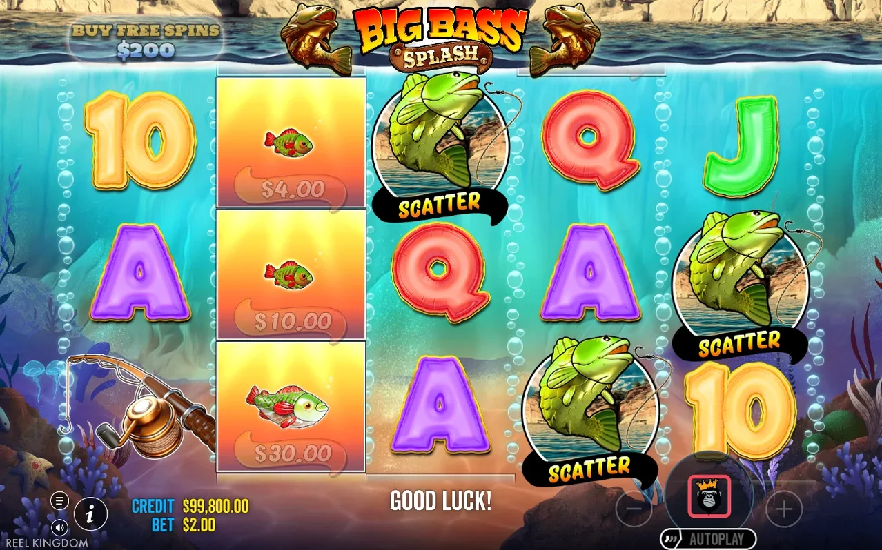 Three Scatter fish trigger Free Spins; fish reels show $4.00, $10.00, $30.00 values, Good Luck message shown