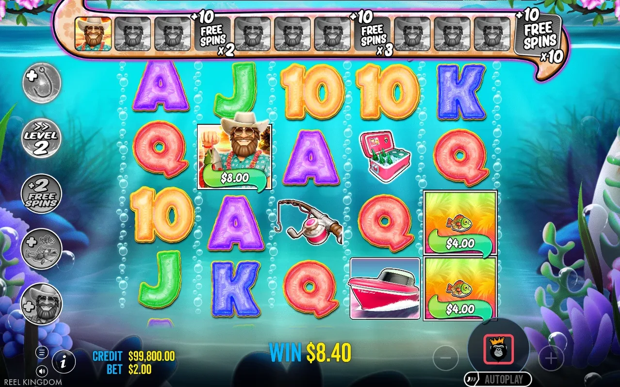 During free spins, the WILD fisherman lands worth $8.00 near $4.00 fish tiles, with WIN $8.40 displayed.