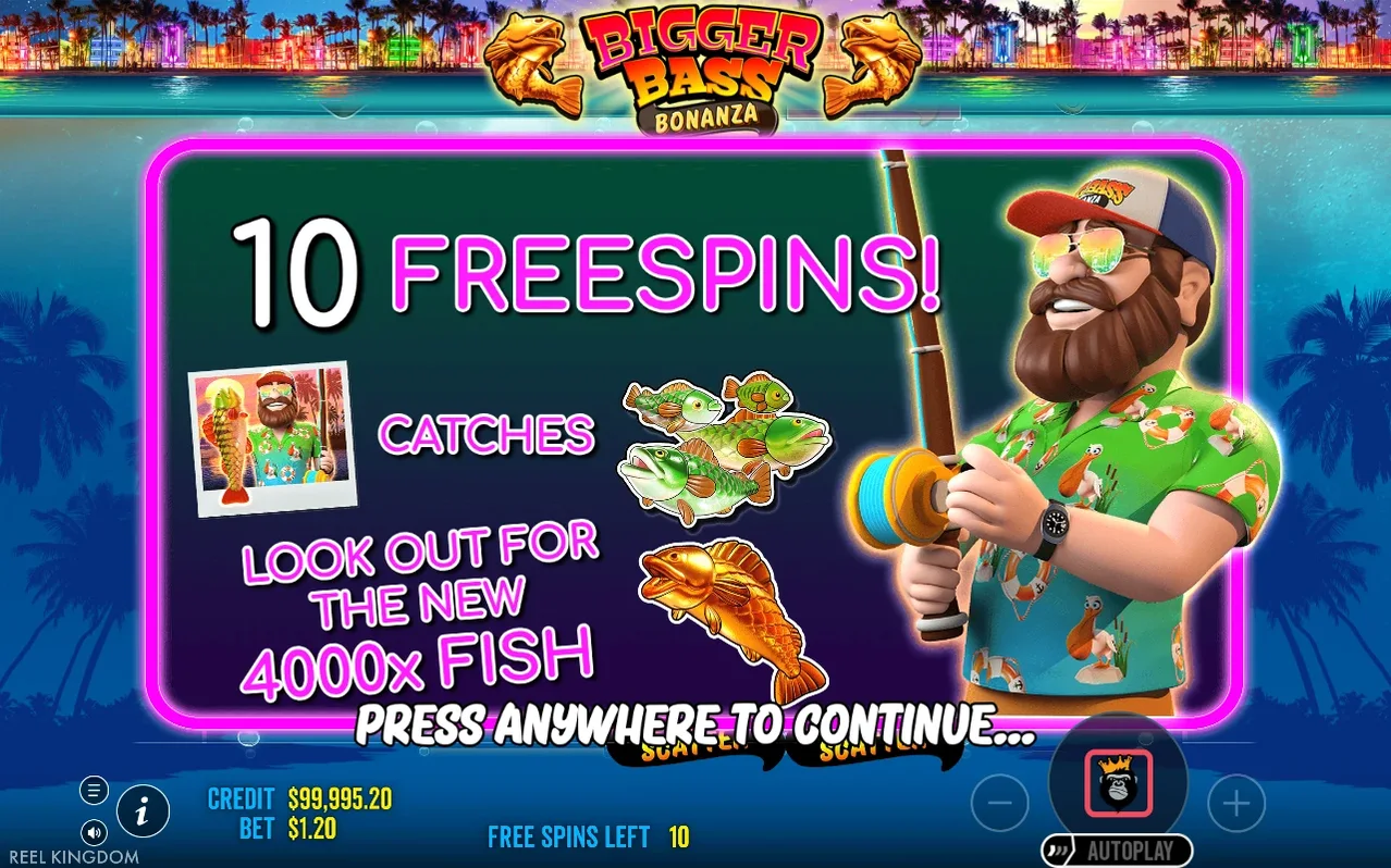 10 FREESPINS trigger banner shows the bearded fisherman with rod beside green and gold bass catches, pink neon frame.