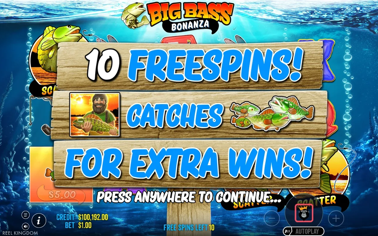 Wooden banner reads 10 FREESPINS, fisherman WILD icon beside three jumping bass, 10 free spins left, credit $100,192.00