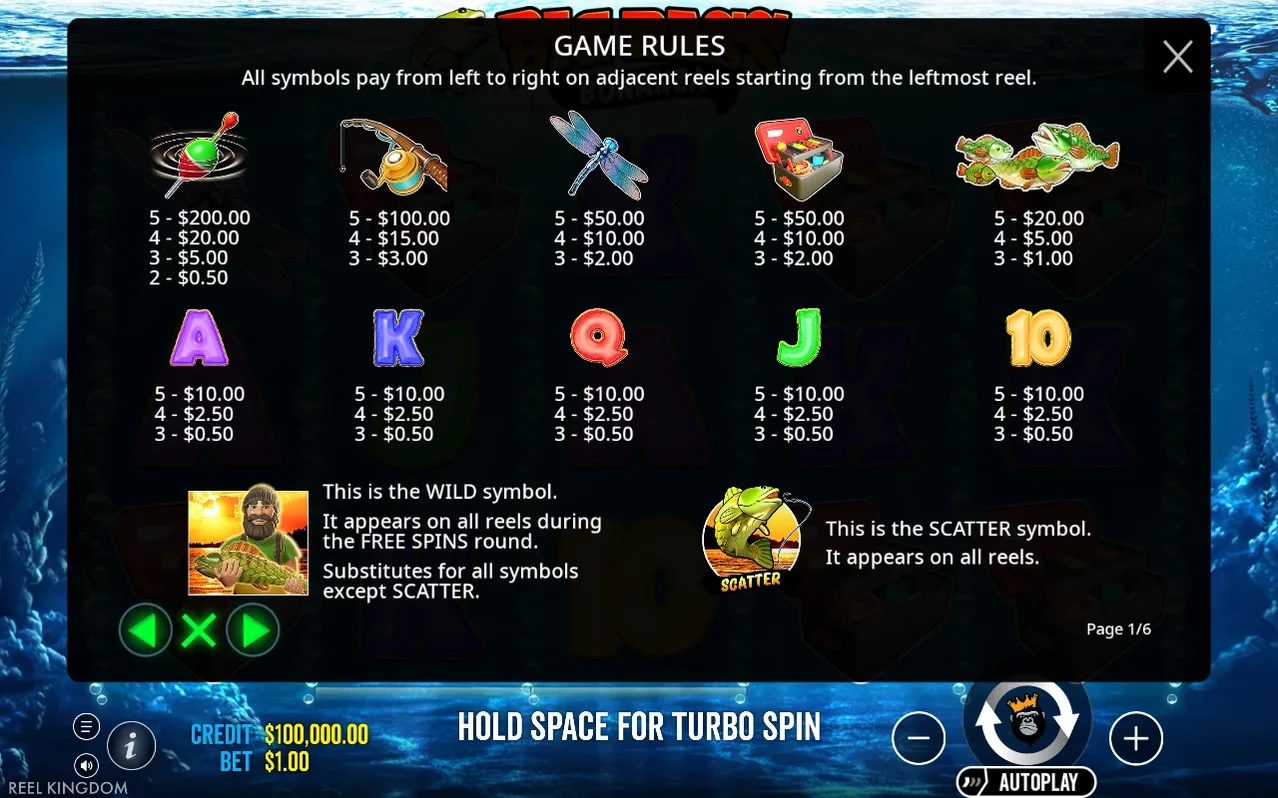 Game Rules paytable page 1/6 lists symbol payouts for lure, rod, dragonfly, tackle box, fish, and royals