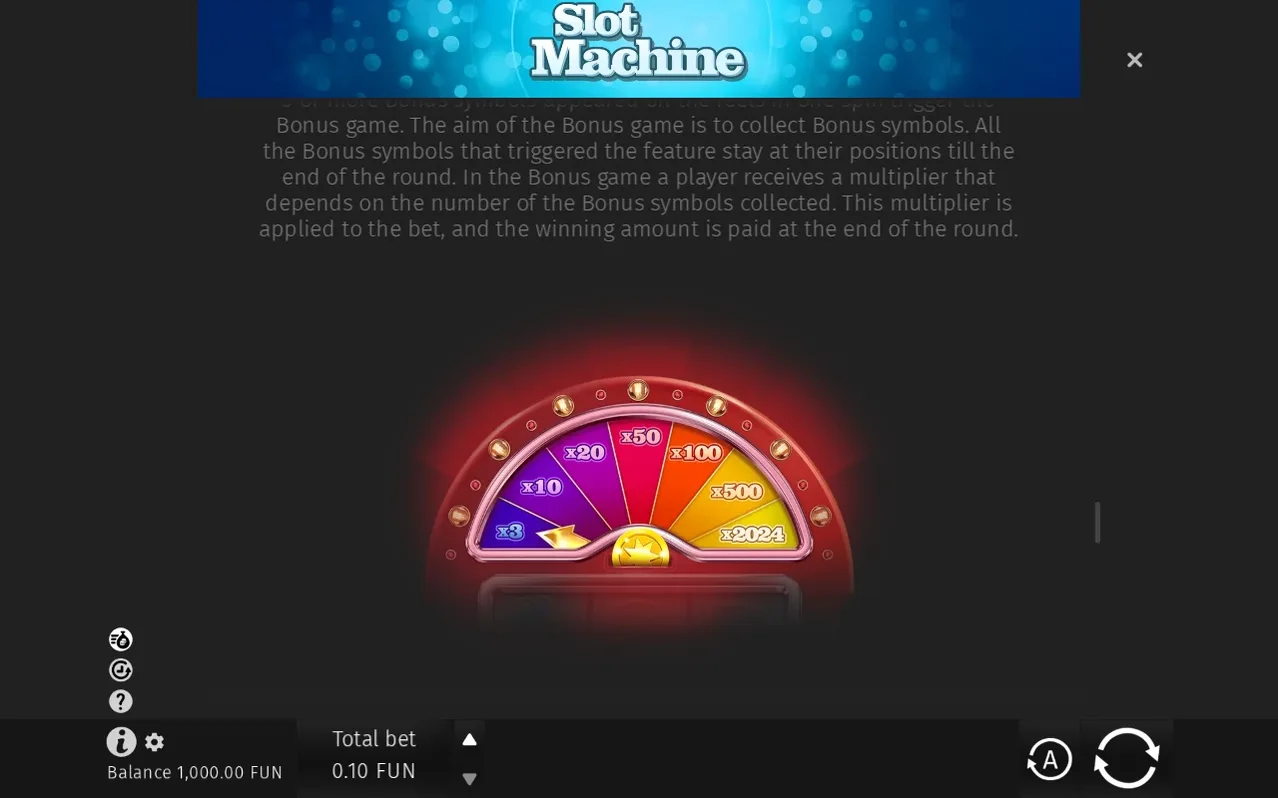 Info panel shows bonus rules text above the multiplier wheel with wedges x3 through x2024.