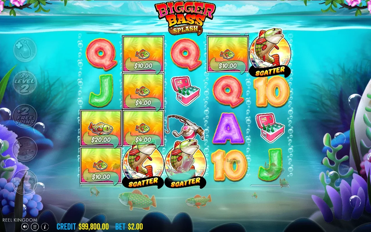 Free spins reels show three SCATTER bass fish and fish tiles worth $10.00, $4.00 and $20.00.