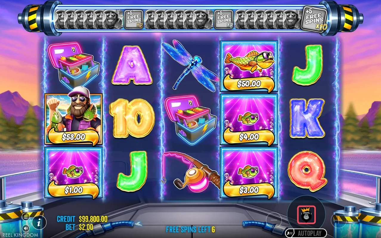 Free Spins reel shows Fisherman Wild collecting an $58.00 catch beside Money tiles $50.00, $4.00, $1.00 and $3.00, Free Spins Left 6.