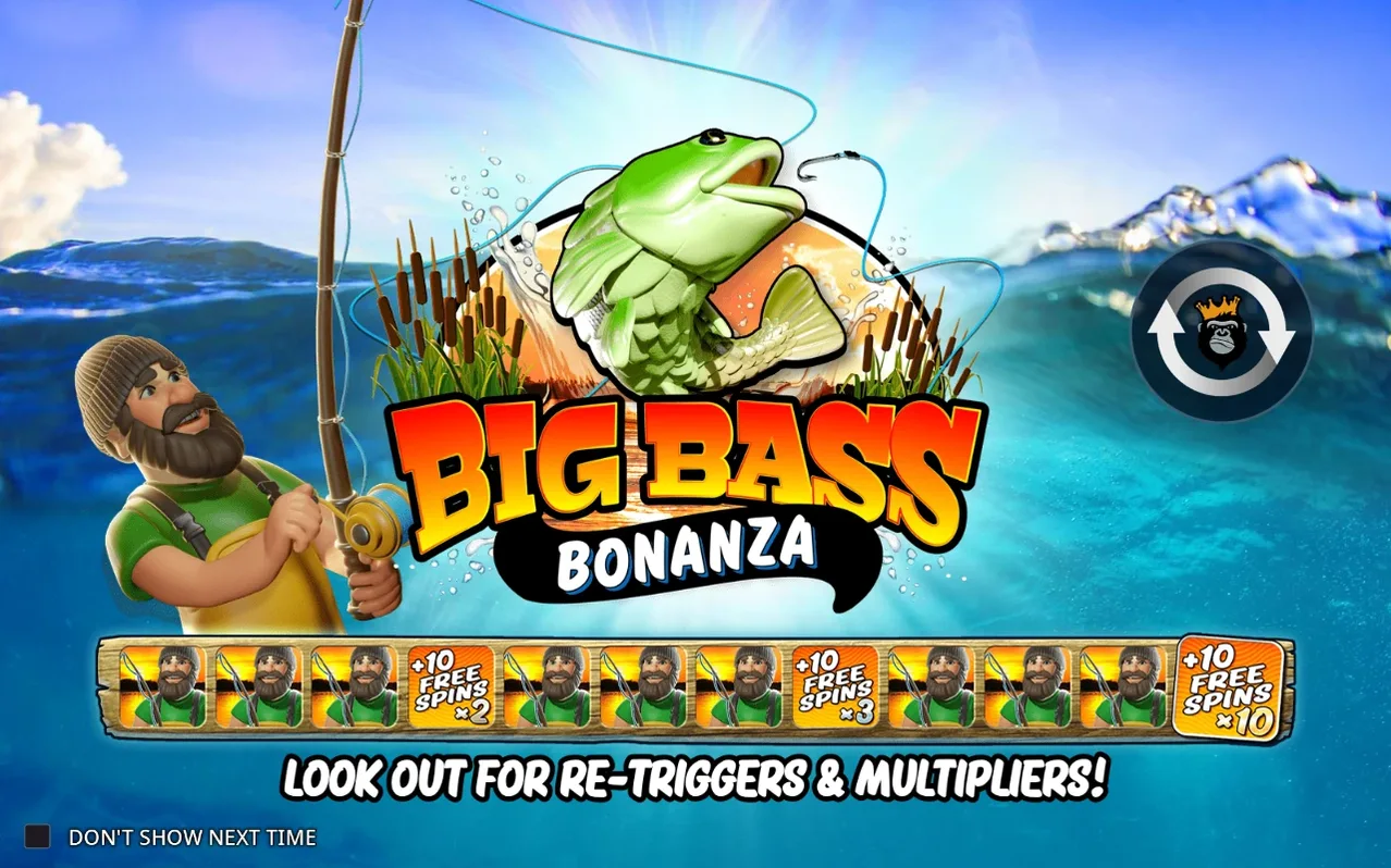 Intro screen shows fisherman with rod, jumping bass, logo, and 12-slot retrigger tracker bar with milestones