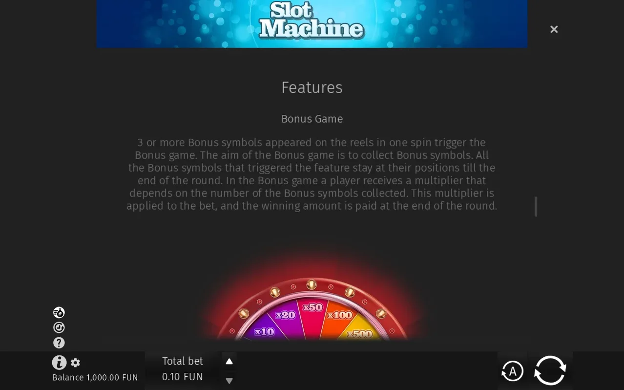 Help popup describes the Bonus Game feature above a semicircular wheel showing wedges x3 to x2024.