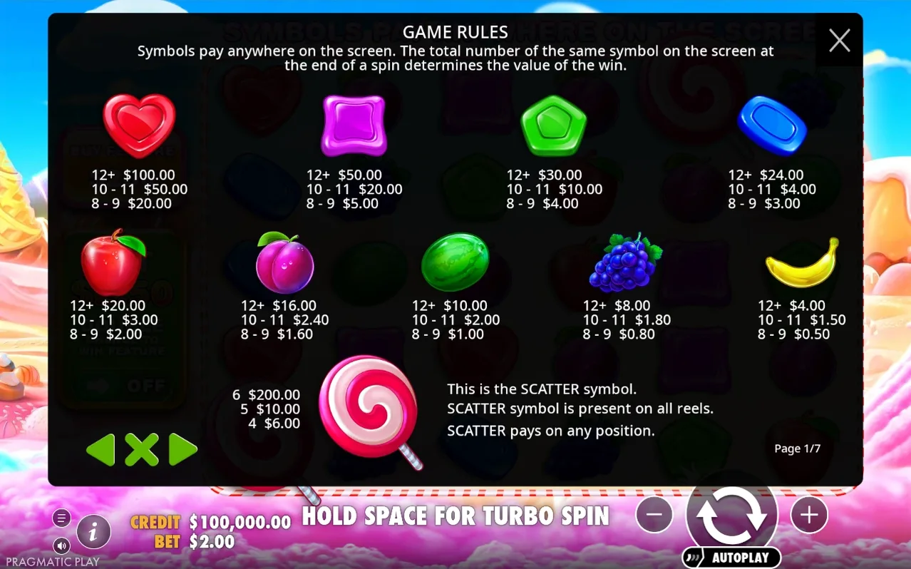 Paytable page 1/7 details payouts for heart, jelly, fruit symbols and the scatter lollipop at bet $2.00