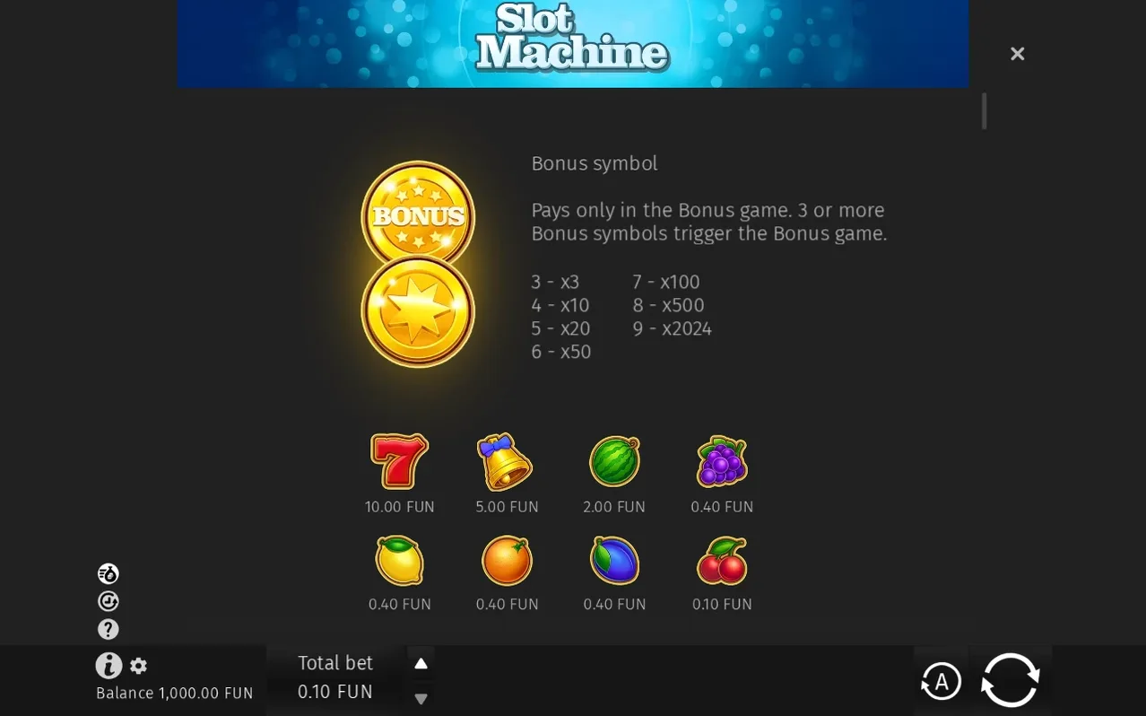 Bonus symbol rules list multipliers x3 for 3 coins up to x2024 for 9, above the fruit paytable icons.