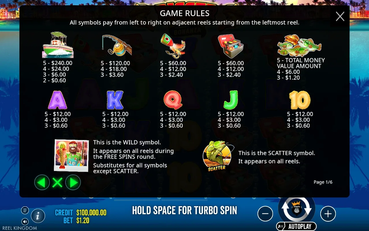 Game Rules page 1 of 6 lists payout values for boat, rod, lure, tackle box, money fish, letters, wild, and scatter symbols.